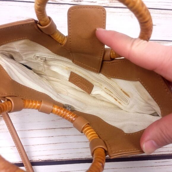 Vintage Fossil Pink and Tan Straw Purse Shoulder Crossbody Bag Wooden Handles - Picture 5 of 15